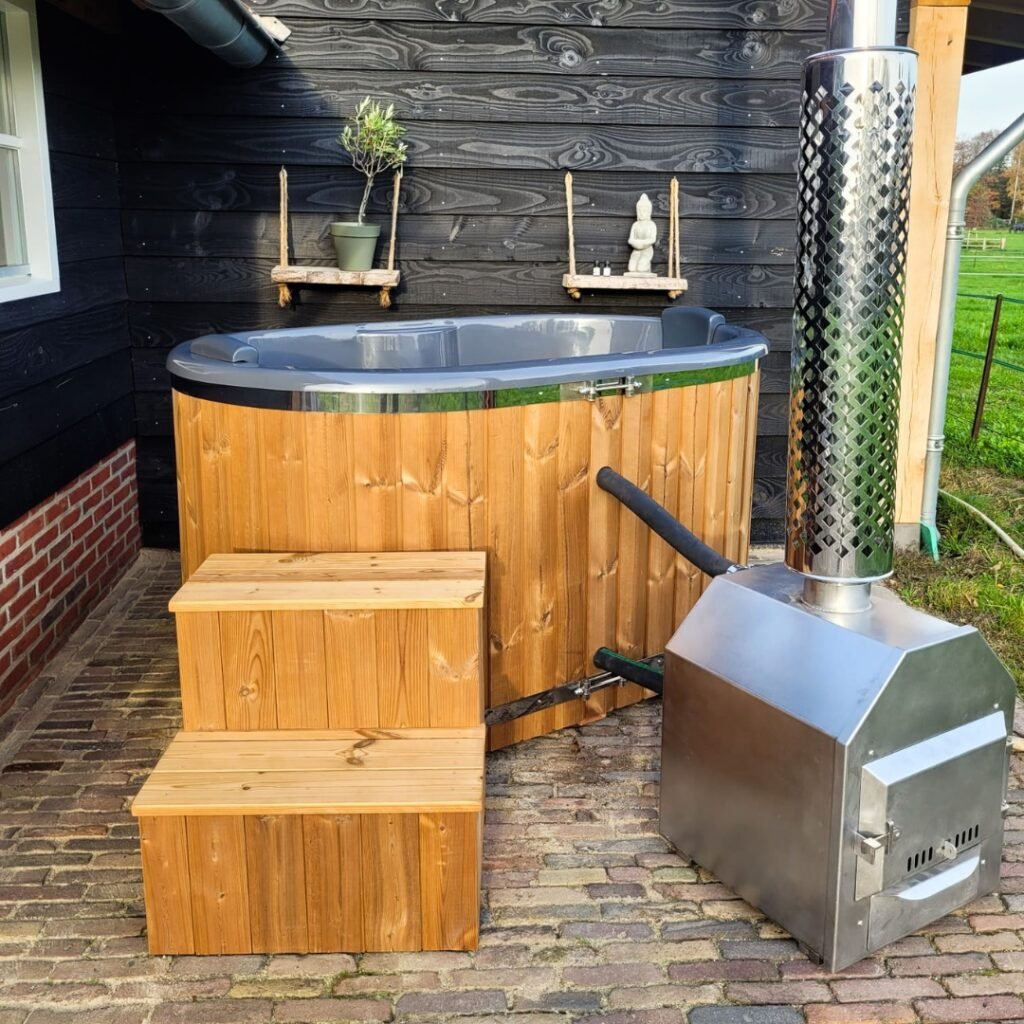 Ofuro hot tub with external stove Vilo Hot Tubs